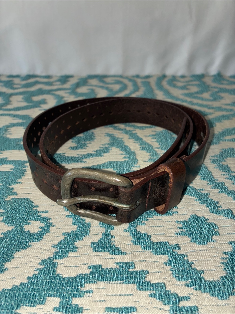 Aeropostale Dark Brown Perforated Leather Belt with Metal Buckle Sz M